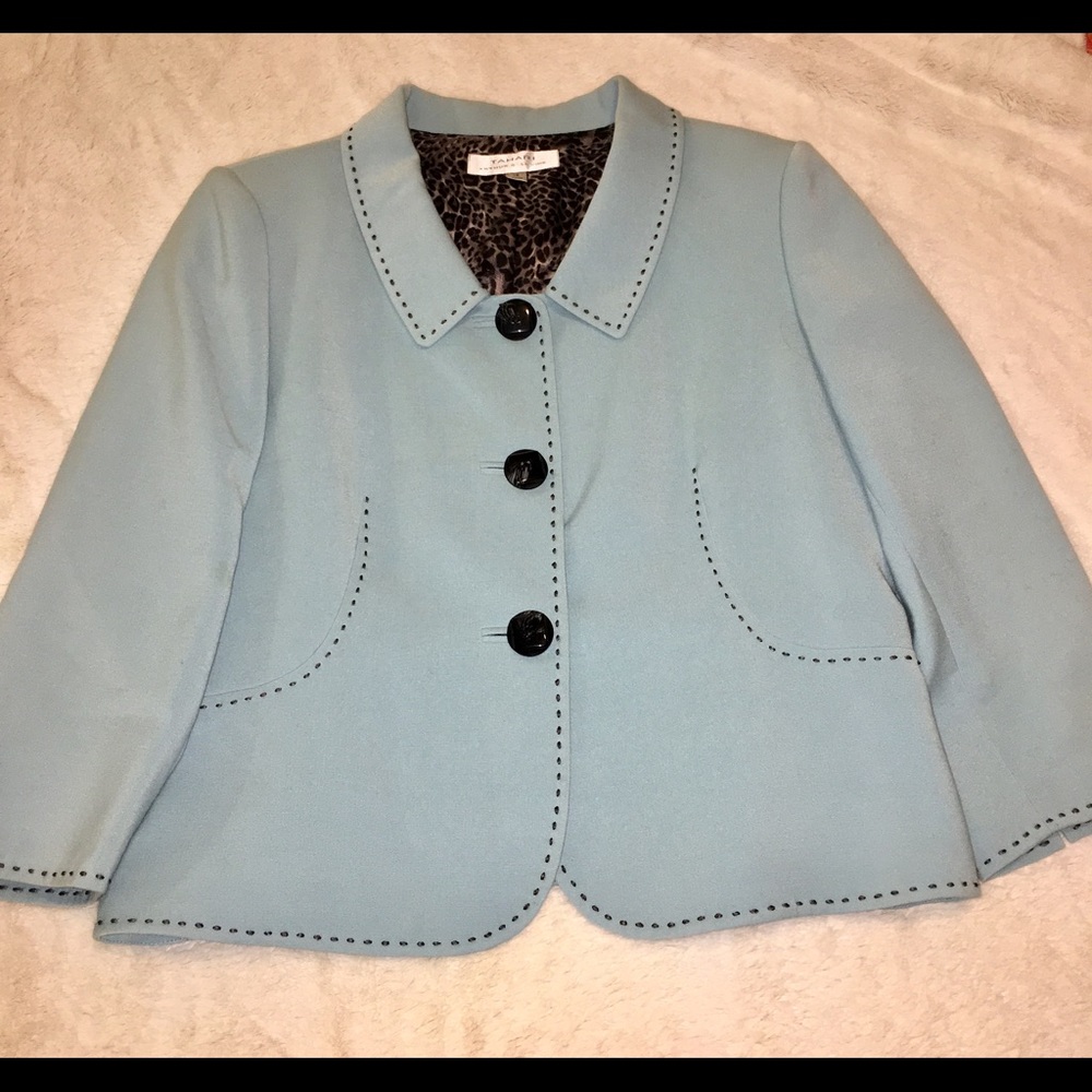 Elie Tahari Tiffany blue blazer with cheetah liner - Picture 6 of 7